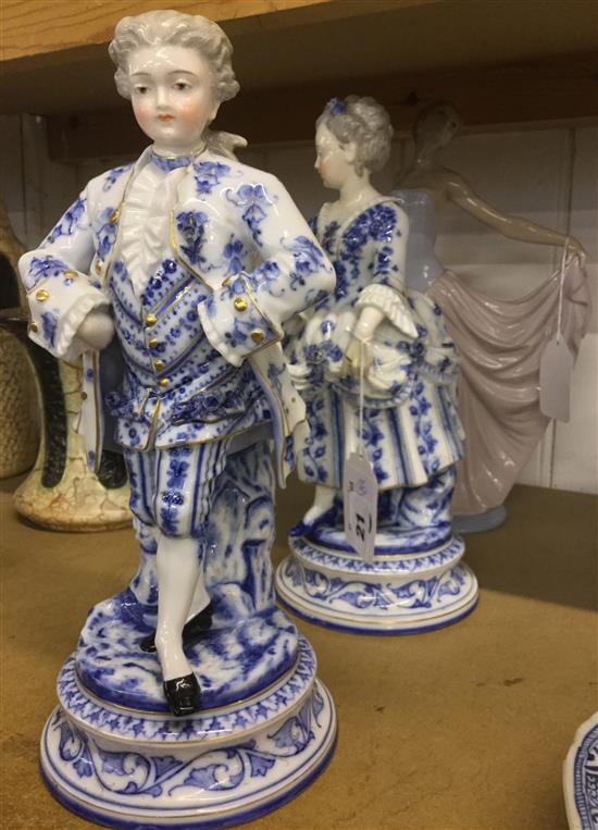 Pair of French blue & white porcelain figures and a Lladro figure